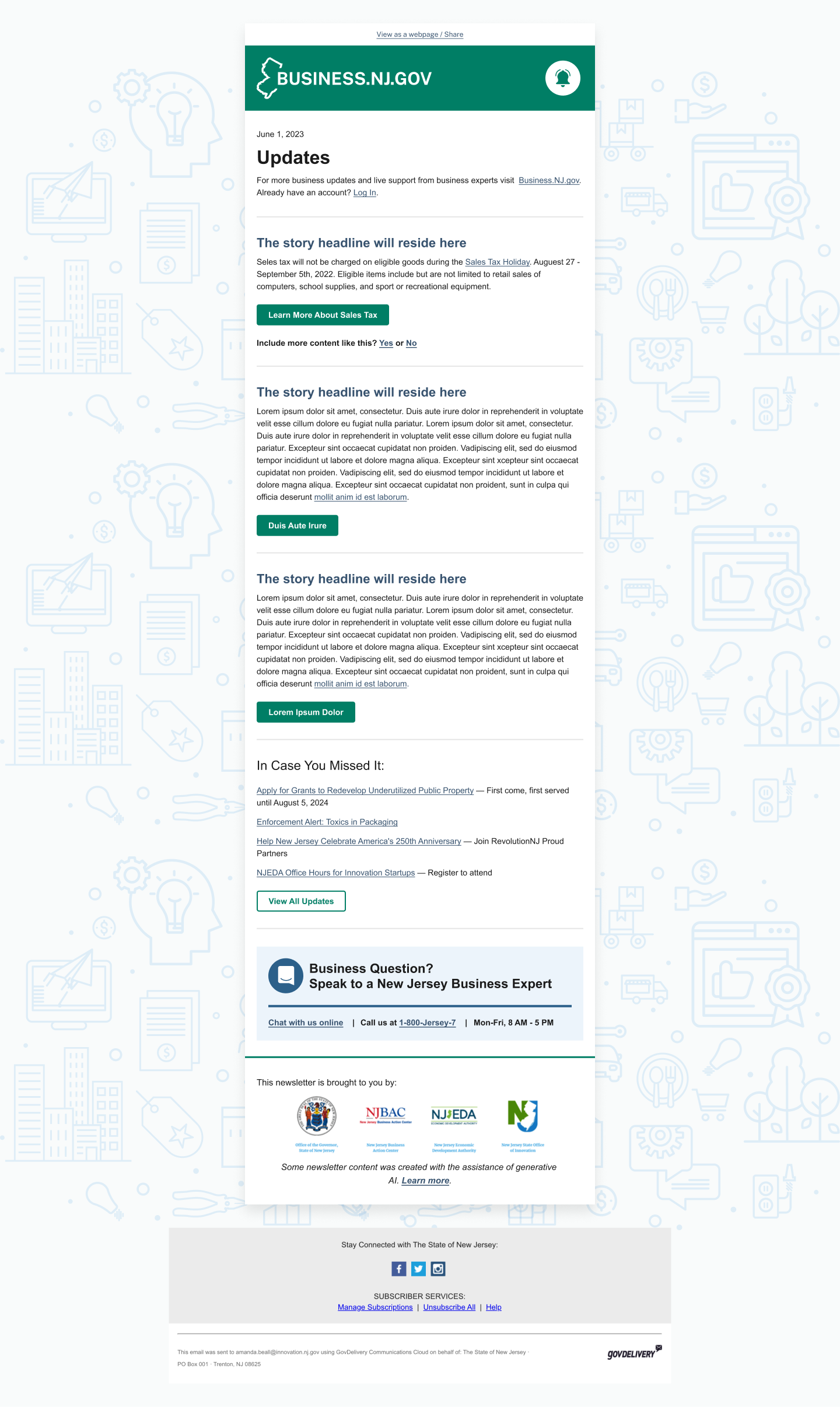 New Newsletter email template, styled towards the updated Business.NJ.gov site