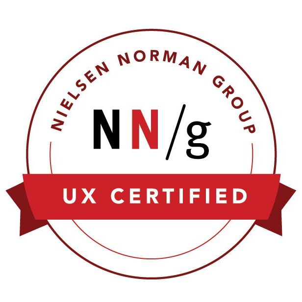 nng-ux-certified Nielsen Normal Group certification badge. UX Certified is on a red ribbon